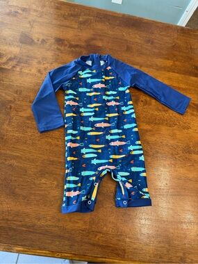 Kids Long-Sleeve One-Piece Swimsuit - Blue Fish Print size 2T button bottom
